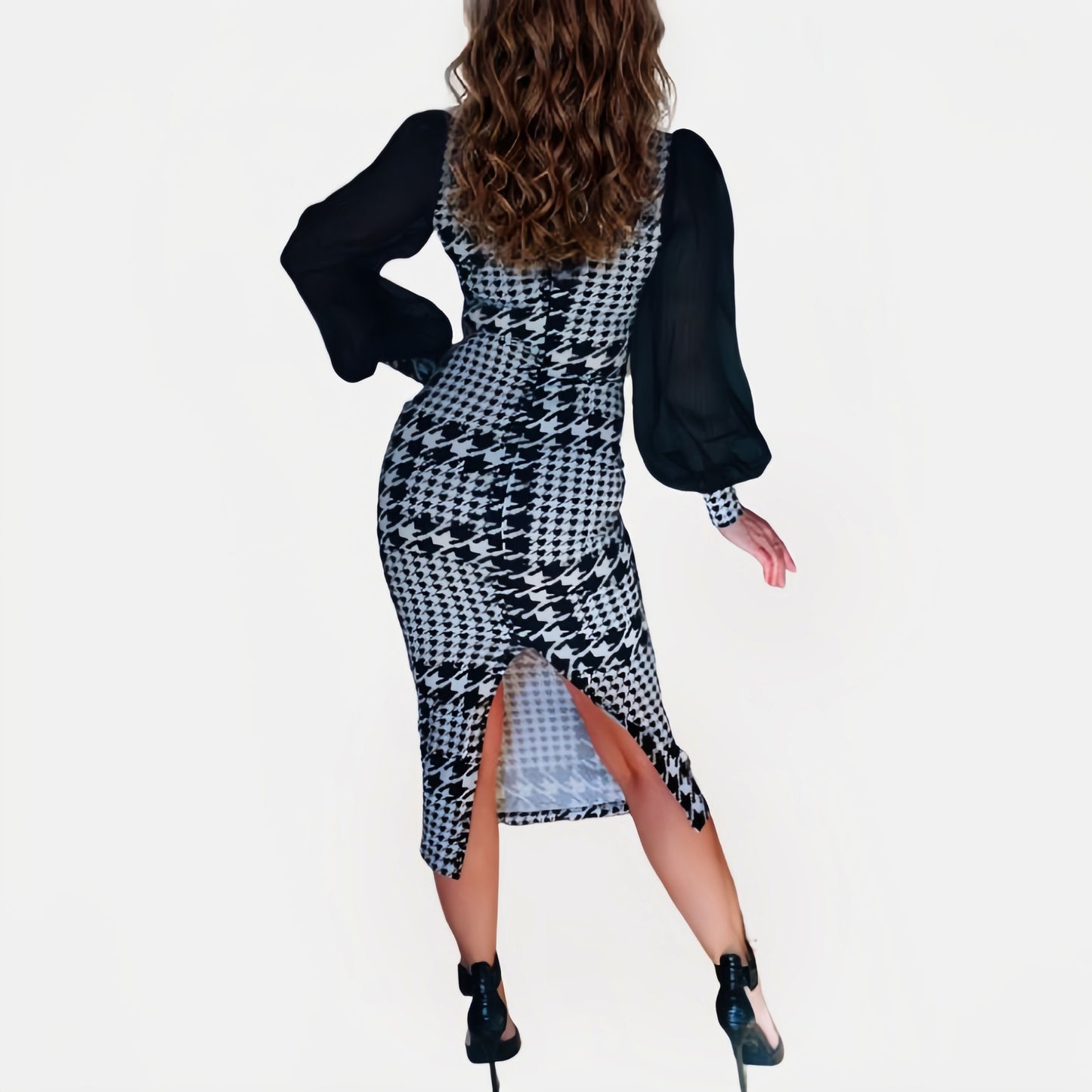 CELINE - Mesh Sleeves Houndstooth Dress