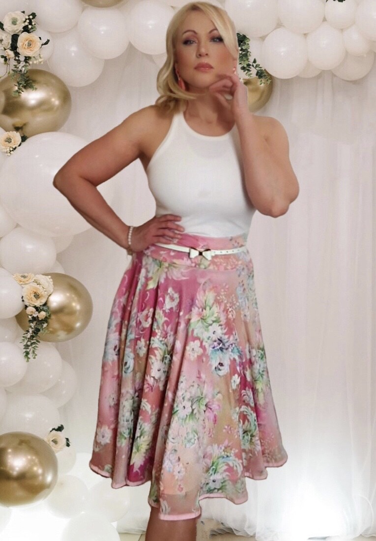 HEATHER Floral Layered Mesh Skirt with White Belt