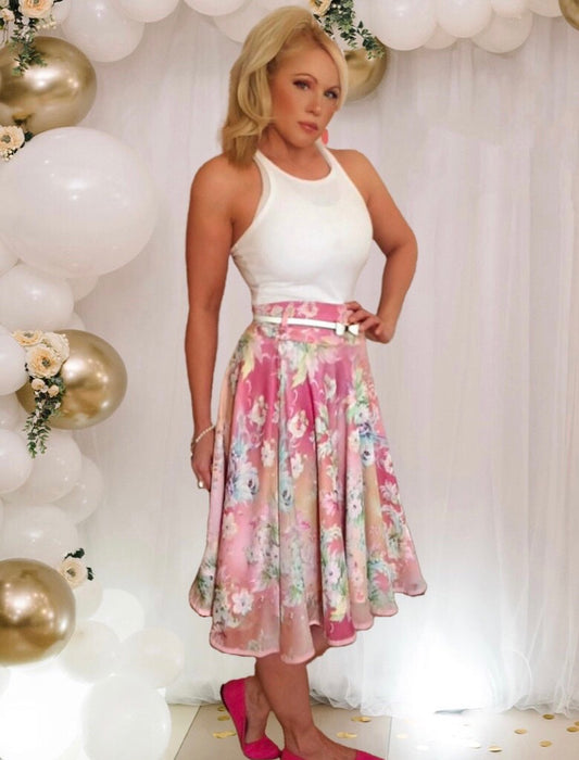 HEATHER Floral Layered Mesh Skirt with White Belt